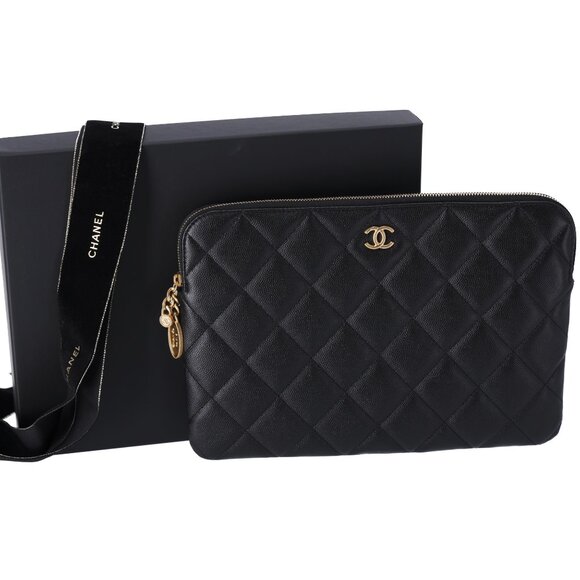 CHANEL Handbags - CHANEL Matelasse Clutch Bag Quilted Zip Pouch Black Caviar Leather Full Set